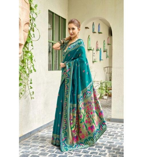 Generic Women's Silk Blend Woven Saree With Unstitched Blouse 5.5 Mtr (Teal)