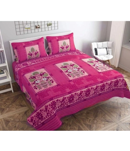 Generic Fleece Floral Printed Double Polar Warm Bedsheet with 2 Pillow Cover (Pink)