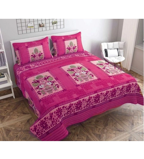 Generic Fleece Floral Printed Double Polar Warm Bedsheet with 2 Pillow Cover (Pink)