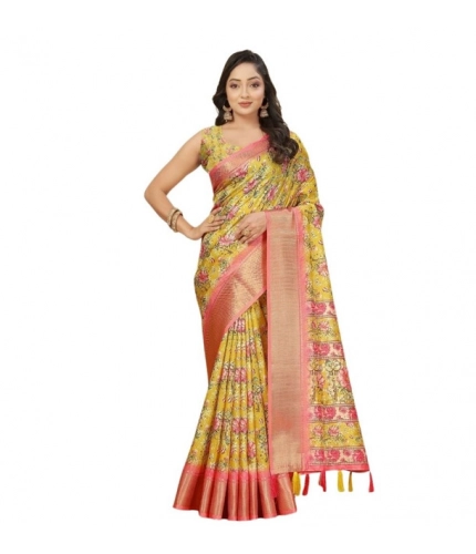Generic Women's Cotton Silk Floral Printed Saree With Unstitched Blouse 5.5Mtr (Yellow)