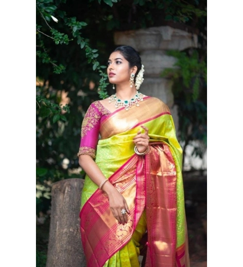 Generic Women's Litchi silk Printed Saree With Unstitched Blouse (Green)