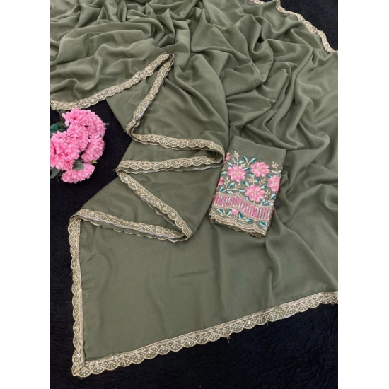 Generic Women's Georgette Embellished Saree With Unstitched Blouse 5.5Mtr (Olive Green) Generic Women's Georgette Embellished Saree With Unstitched Blouse 5.5Mtr (Olive Green)