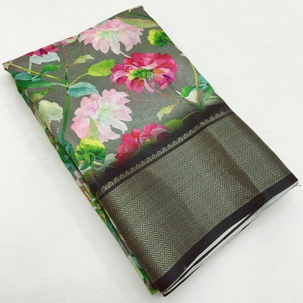 Women's Cotton Silk Floral Printed Saree With Unstitched Blouse 5.5Mtr (Grey)