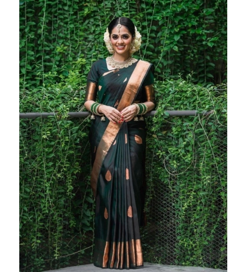 Generic Women's Litchi silk Printed Saree With Unstitched Blouse (Green)