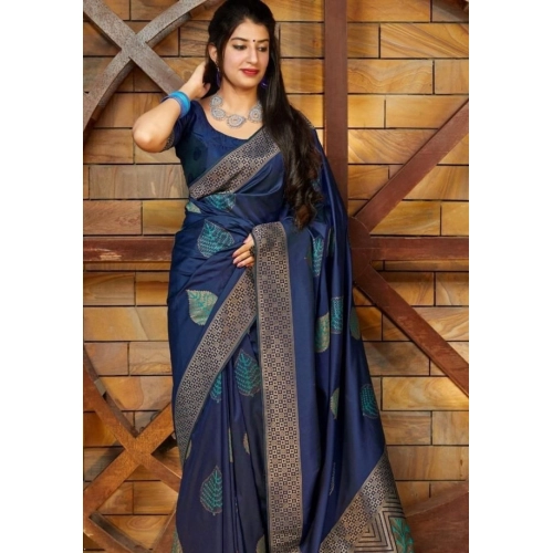 Women's Litchi silk Printed Saree With Unstitched Blouse (Blue) Women's Litchi silk Printed Saree With Unstitched Blouse (Blue)