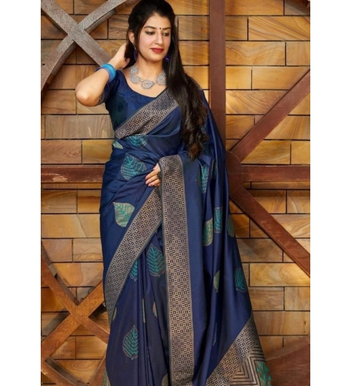 Generic Women's Litchi silk Printed Saree With Unstitched Blouse (Blue)