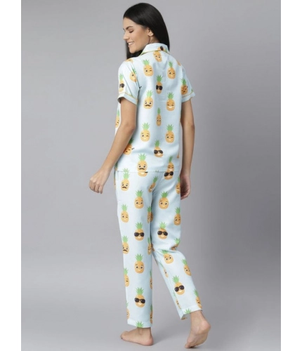 Generic Women's Cotton Blend Printed Short Sleeve Night Suit (Blue-Yellow)