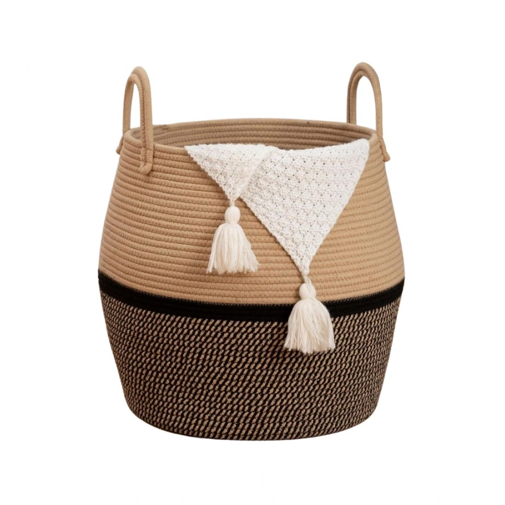 Generic Cotton Matka With Handle 14x12 Inch Storage Basket For Clothes With Out Lid (Beige-Black)