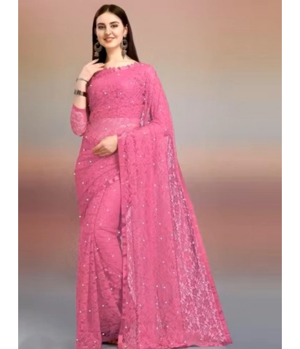 Generic Women's Net Self Design Saree With Unstitched Blouse 5.5Mtr (Dark Pink)