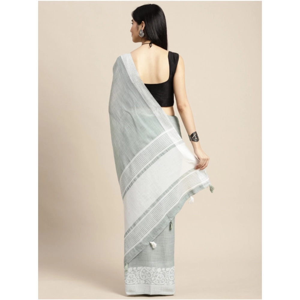 Generic Women's Linen Printed Saree With Unstitched Blouse 5.5Mtr (Sea Green)