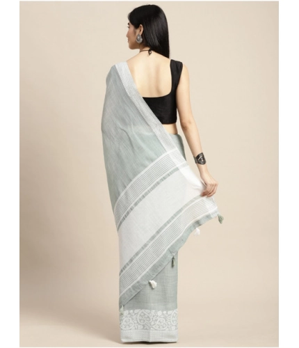Generic Women's Linen Printed Saree With Unstitched Blouse 5.5Mtr (Sea Green)