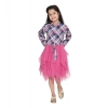 Generic Girl's Polyster Crepe Lace Inserts Long Sleeves Dress (Pink-Blue)
