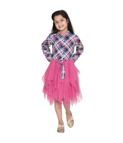 Generic Girl's Polyster Crepe Lace Inserts Long Sleeves Dress (Pink-Blue)