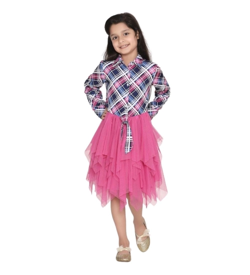 Generic Girl's Polyster Crepe Lace Inserts Long Sleeves Dress (Pink-Blue)