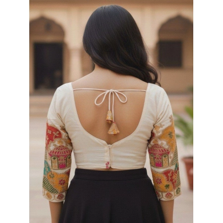 Generic Women's Cambric Cotton Round Neck Padded Blouse (White, 38 Ready Size (Self-Alterable 36–40)