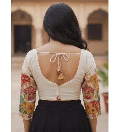 Generic Women's Cambric Cotton Round Neck Padded Blouse (White, 38 Ready Size (Self-Alterable 36–40)