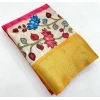 Generic Women's Cotton Blend Floral Printed Saree With Unstitched Blouse 5.5Mtr (Yellow)