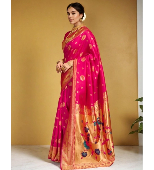 Generic Women's Silk Blend Paithani Saree With Unstitched Blouse 5.5Mtr (Pink)
