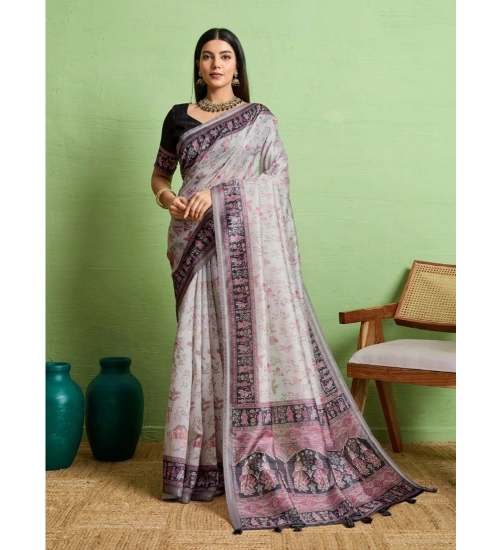 Generic Women's Silk Blend Printed Saree With Unstitched Blouse 5.5Mtr (Grey)
