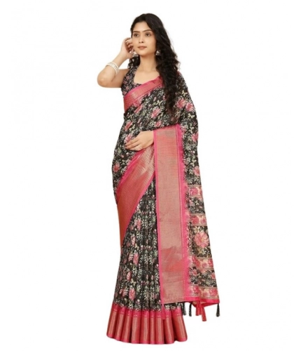 Generic Women's Cotton Silk Floral Printed Saree With Unstitched Blouse 5.5Mtr (Black)