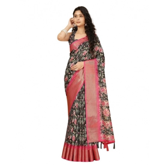 Generic Women's Cotton Silk Floral Printed Saree With Unstitched Blouse 5.5Mtr (Black)