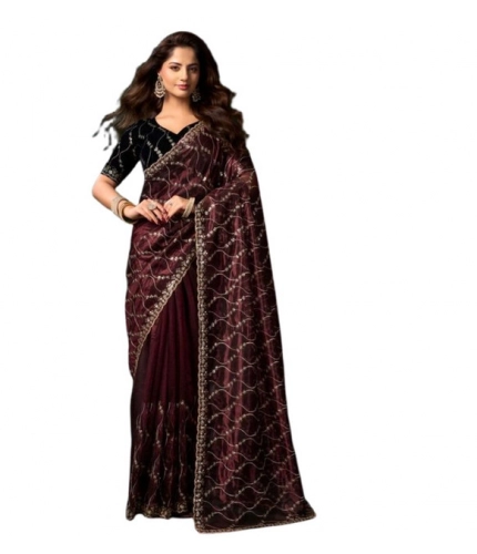 Generic Women's Net Sequence Saree With Unstitched Blouse 5.5Mtr (Maroon)