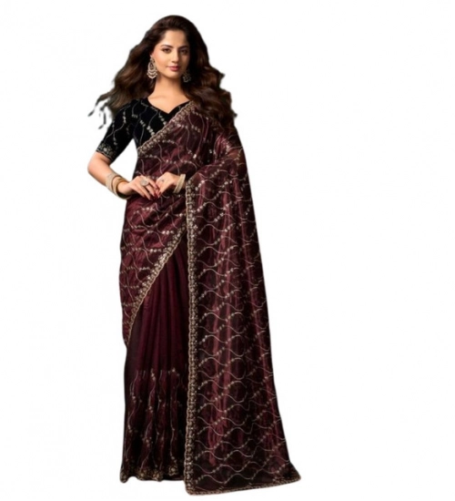 Generic Women's Net Sequence Saree With Unstitched Blouse 5.5Mtr (Maroon)