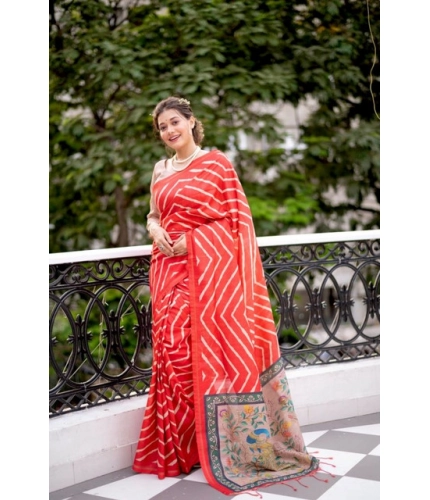 Generic Women's Faux_Tussar_Silk Geometric_Print Saree With Unstitched Blouse 5.5Mtr (Red)
