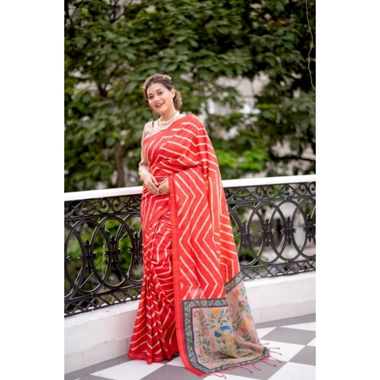 Generic Women's Faux_Tussar_Silk Geometric_Print Saree With Unstitched Blouse 5.5Mtr (Red) Generic Women's Faux_Tussar_Silk Geometric_Print Saree With Unstitched Blouse 5.5Mtr (Red)