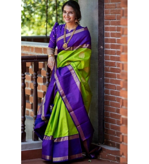 Generic Women's Soft Litchi Silk Jacquard Work Saree With Unstitched Blouse 5.5Mtr (Green)