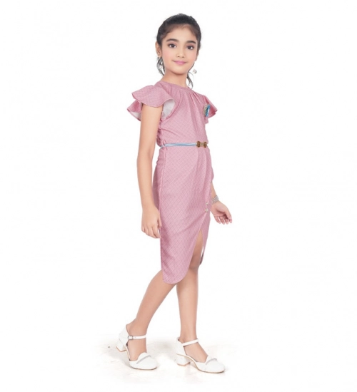 Girl's Knitted Striped Short Sleeve Close Neck Dress (Pink)