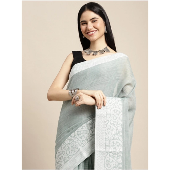 Generic Women's Linen Printed Saree With Unstitched Blouse 5.5Mtr (Sea Green)
