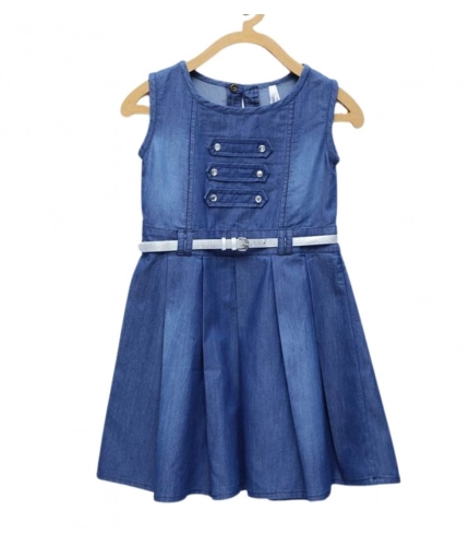 Generic Girl's Denim Embellished Sleeveless Dress with Belt (Blue)