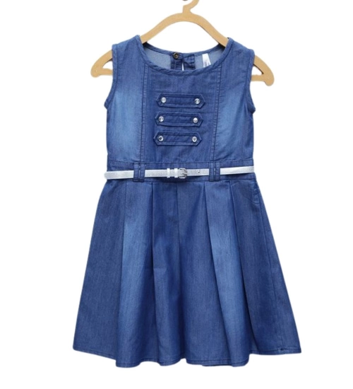 Generic Girl's Denim Embellished Sleeveless Dress with Belt (Blue)