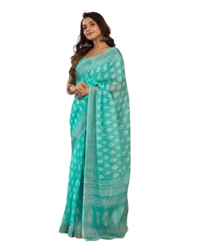 Generic Women's Faux Linen Leaf Print Ready to wear Saree With Unstitched Blouse 5.5Mtr (SeaGreen)