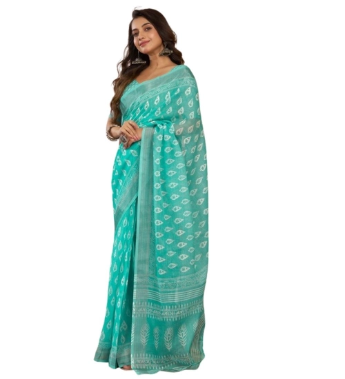 Generic Women's Faux Linen Leaf Print Ready to wear Saree With Unstitched Blouse 5.5Mtr (SeaGreen)