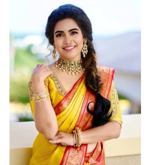 Generic Women's Soft Litchi Silk Jacquard Work Saree With Unstitched Blouse 5.5Mtr (Yellow)