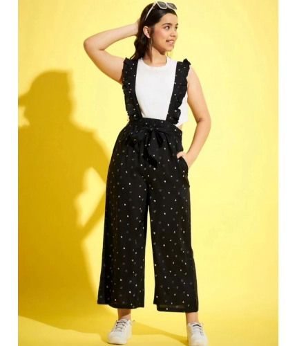 Generic Girl's Cotton Printed Sleeveless Dungaree (Black-White)