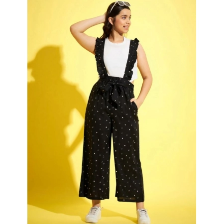 Generic Girl's Cotton Printed Sleeveless Dungaree (Black-White)