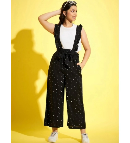 Generic Girl's Cotton Printed Sleeveless Dungaree (Black-White)