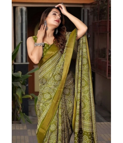 Generic Women's Cotton Silk Printed Saree With Unstitched Blouse 5.5Mtr (Green)