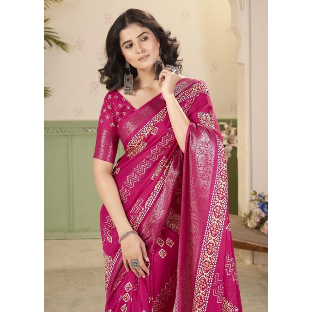 Women’s Cotton Silk Printed Saree With Unstitched Blouse 5.5Mtr (Pink)
