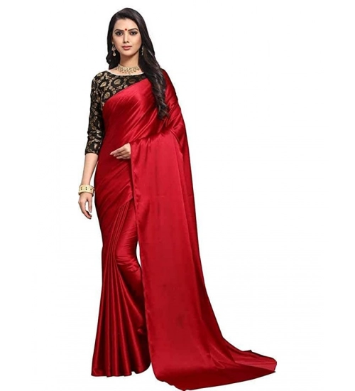 Generic Women's Satin Solid Saree With Unstitched Blouse 5.5Mtr (Red)