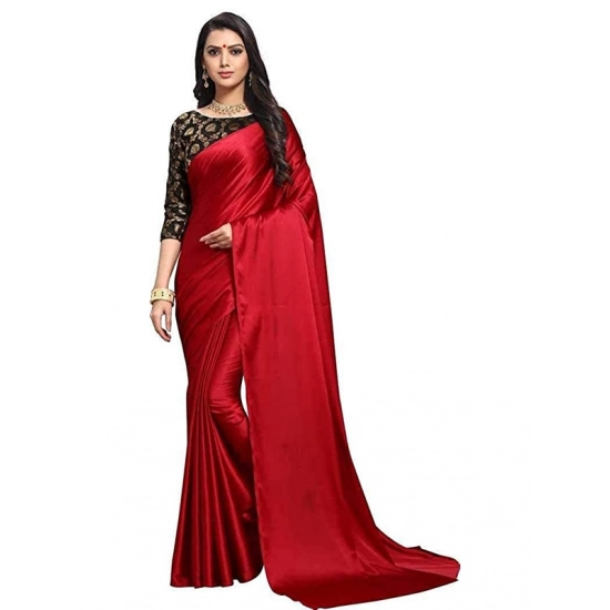 Generic Women's Satin Solid Saree With Unstitched Blouse 5.5Mtr (Red)