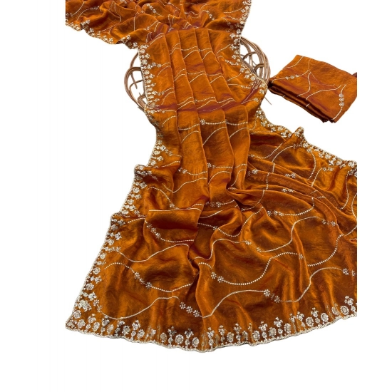 Generic Women's Slik Embellished Saree With Unstitched Blouse 5.5Mtr (Orange)