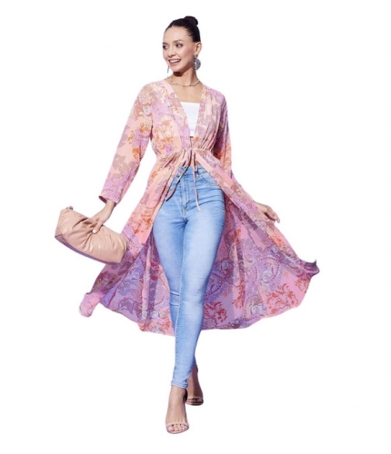 Generic Women's Polyester Floral Long Sleeves Shrug (Peach)