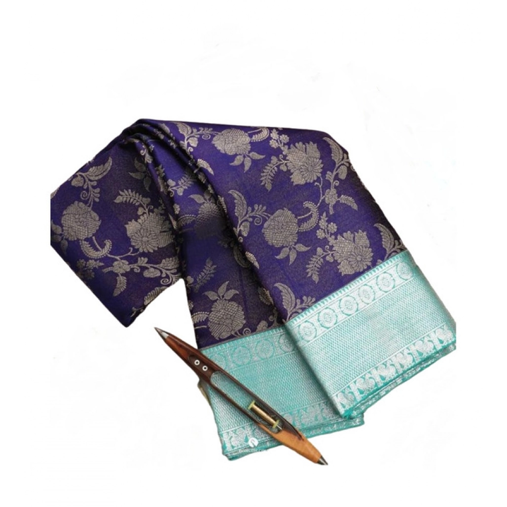 Generic Women's Soft Litchi Silk Jacquard Work Saree With Unstitched Blouse 5.5Mtr (Blue)