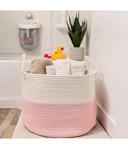 Generic Cotton Pack Of_1 14x12 Inch Laundry Storage Basket For Clothes (Pink-White)
