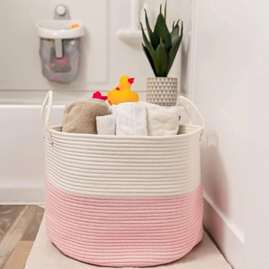 Generic Cotton Pack Of_1 14x12 Inch Laundry Storage Basket For Clothes (Pink-White) Generic Cotton Pack Of_1 14x12 Inch Laundry Storage Basket For Clothes (Pink-White)