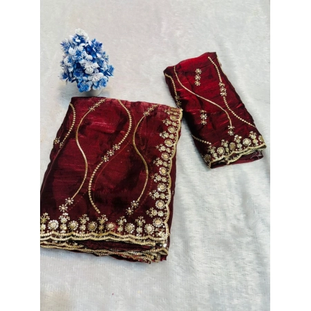 Generic Women's Slik Embellished Saree With Unstitched Blouse 5.5Mtr (Maroon)